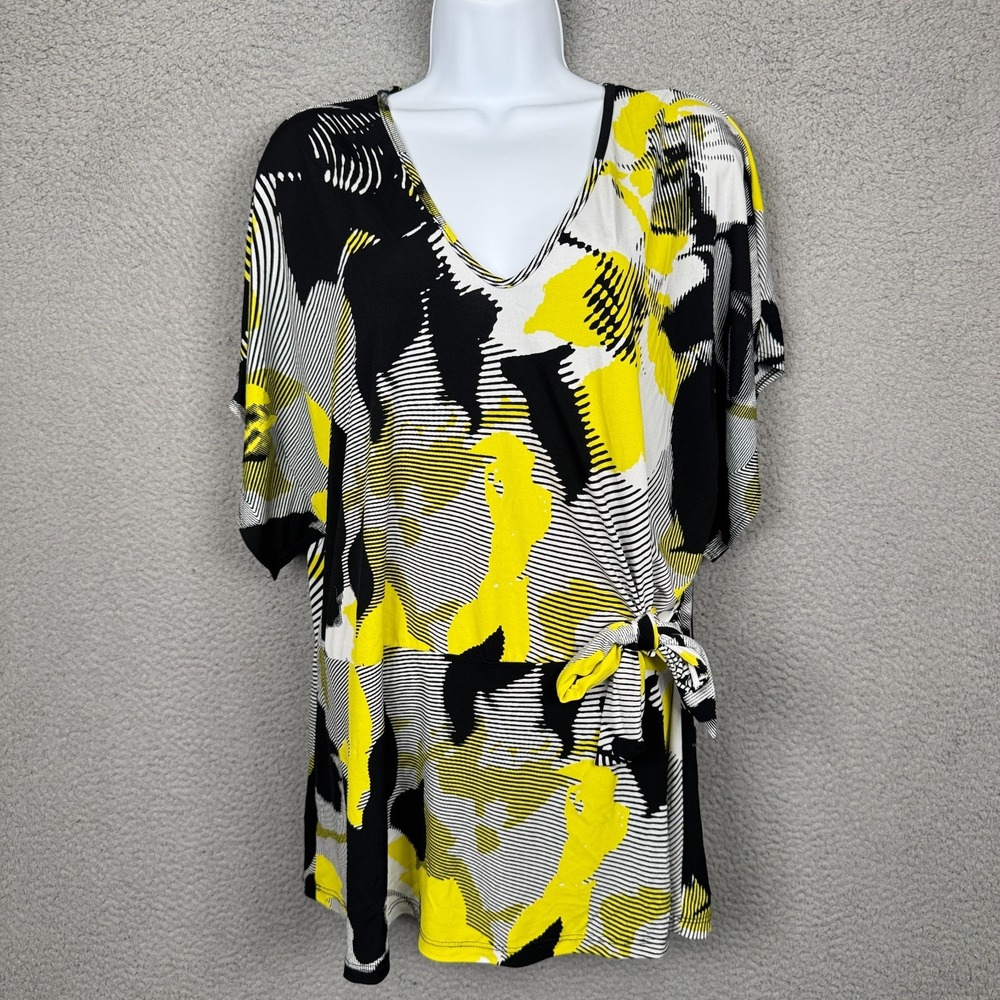 Clara Sunwoo Top Womens 1X Black Yellow Abstract Artsy Stretch‎ Tie Waist Blouse
